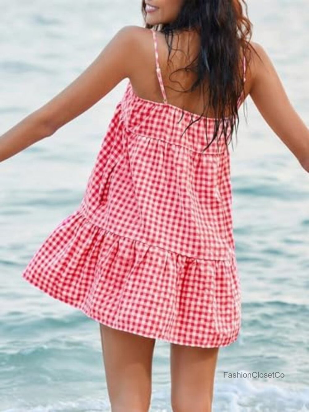 Gingham Mini Dress with Pockets, Spaghetti Strap A-Line Sundress - Picture 4 of 6
